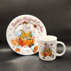 Vintage Sakura Christmas Stoneware Santa's Cookie Plate & Handled Milk Cup